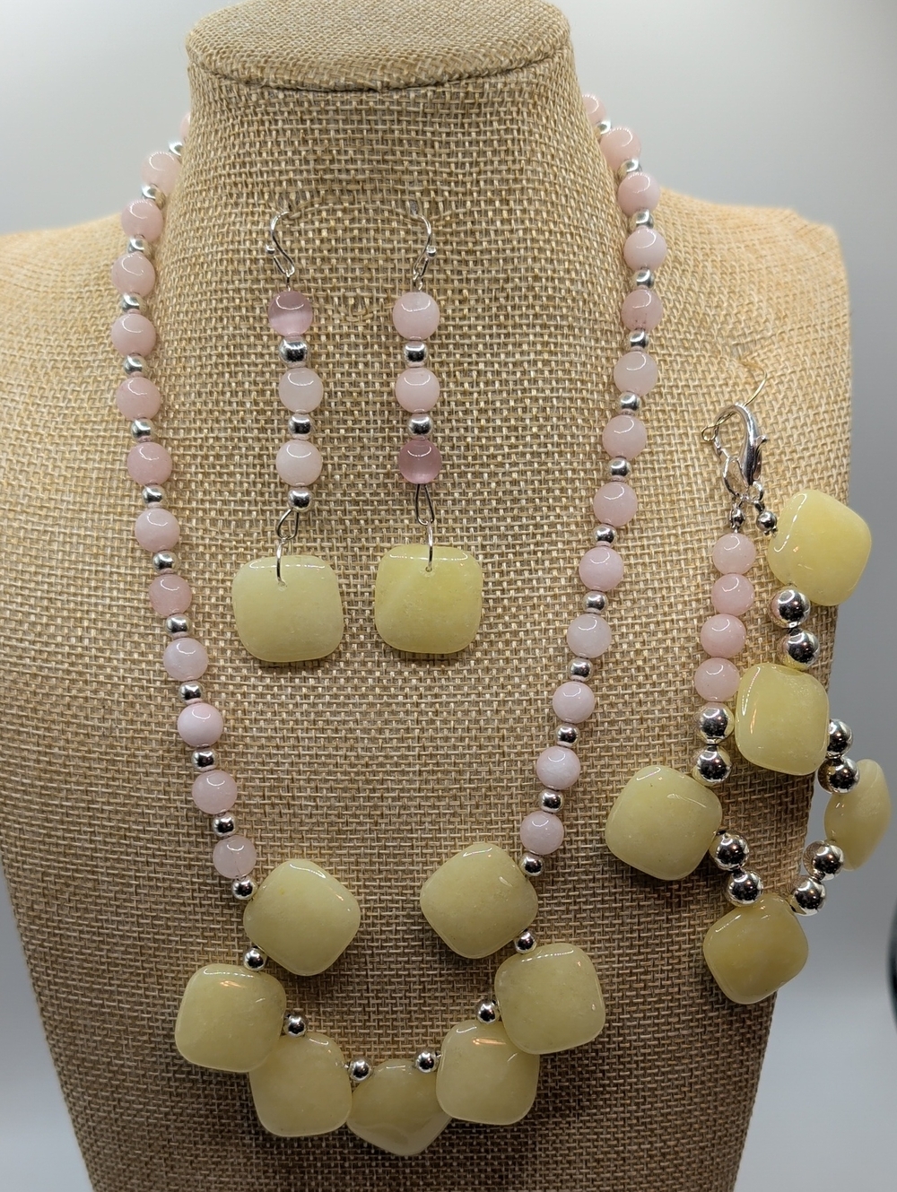 Pastel Yellow & Pink Beaded Necklace, Bracelet and Earrings Set
